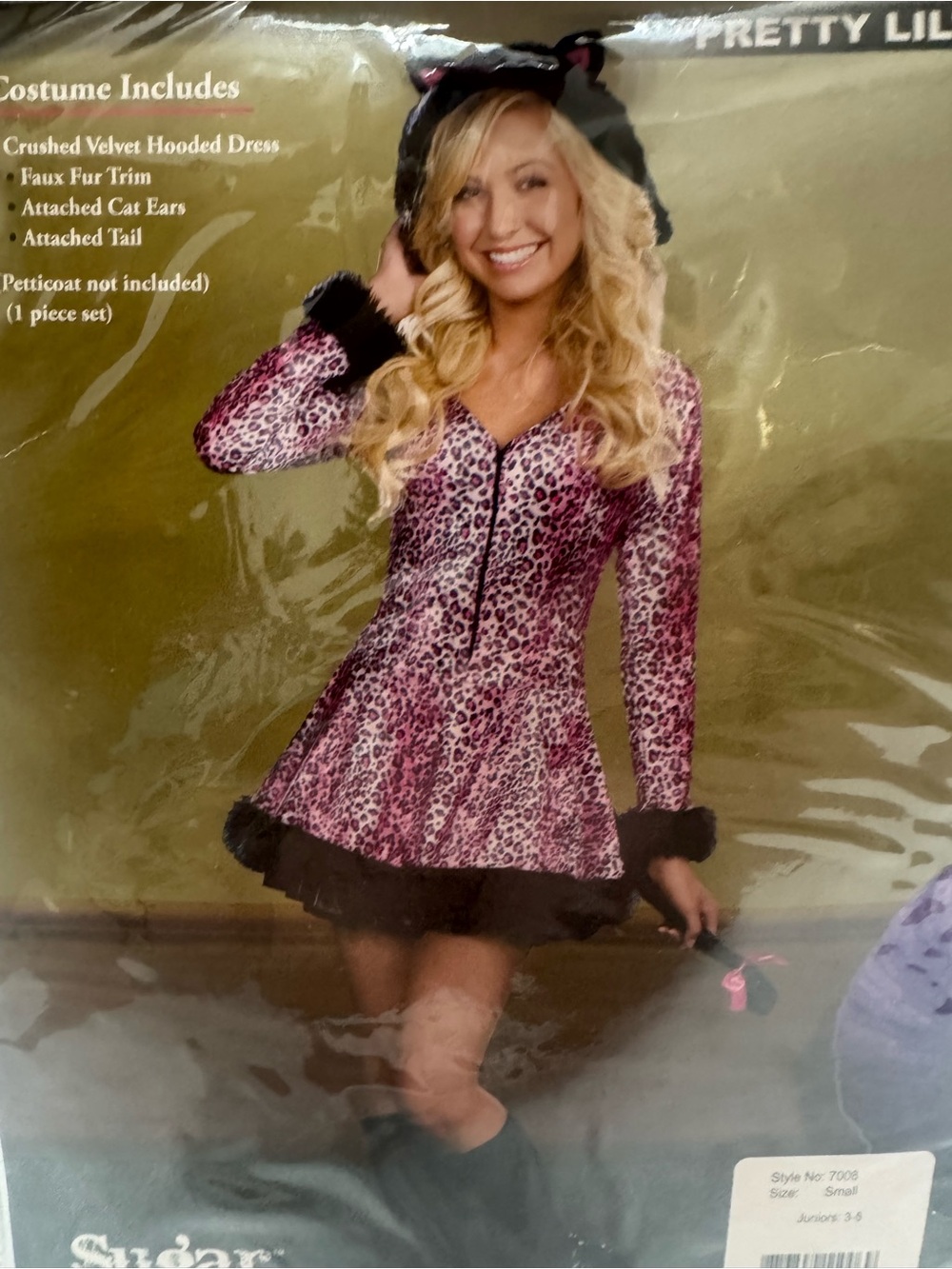 New S pink fur chetah leopard dress hood y2k emo goth rave costume animal top